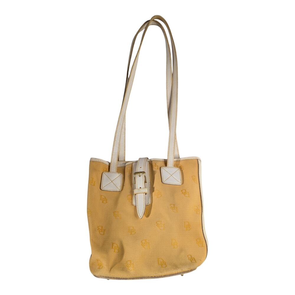 Vtg 1990s Dooney & Bourke Yellow Monogram Canvas Leather Trim Buckle Bucket Bag